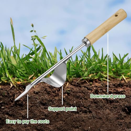 Zocipro Manual Weed Puller Tool, Hand Weed Remover Tool Garden Weed Puller with Wooden Handle, Stainless Steel Deep Root Weeder Tools Weed Picker Tool for Patio Lawn Garden Yard