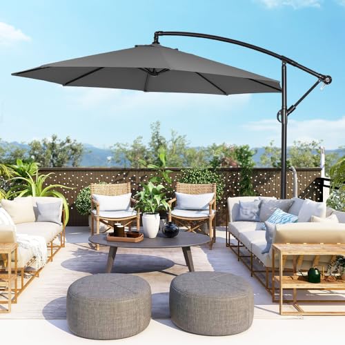 Panana 3M Garden Cantilever Parasol Outdoor Banana Hanging Umbrella 8 Sturdy Ribs with Crank Mechanism Sun Shade Canopy for Poolside, Deck, Patio and Balcony Dark Grey