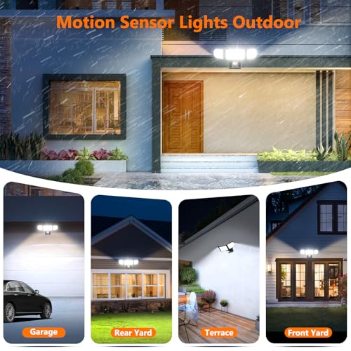Ushine 35W Security Lights Motion Sensor, 6000LM LED Floodlights with PIR Remote Control, IP65 Waterproof Outdoor Sensor Light & 3 Adjustable Heads for Garage, Yard - Black