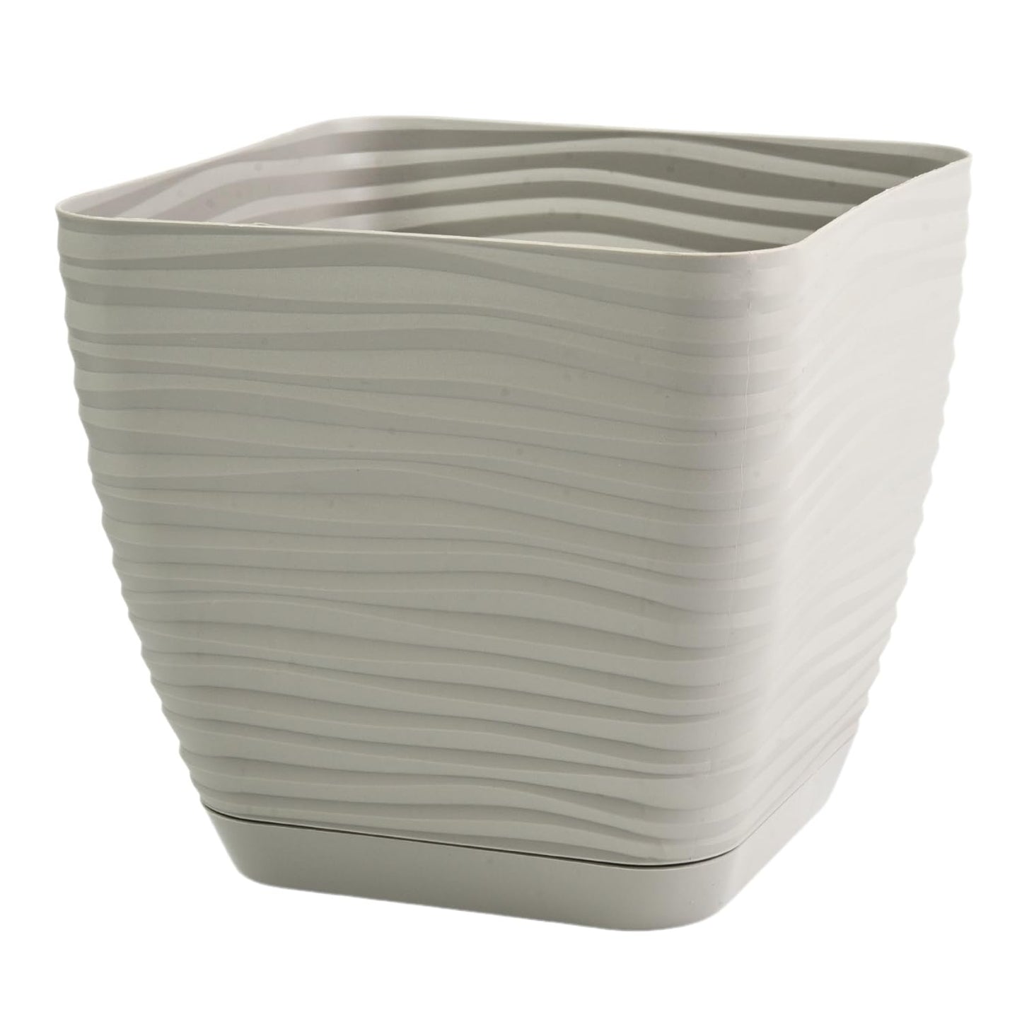 B2C Plant Pot Flowerpot Square Plastic Modern Decorative Wave Grooves Textured Elegant & Modern With Saucer (Light grey, 13cm)