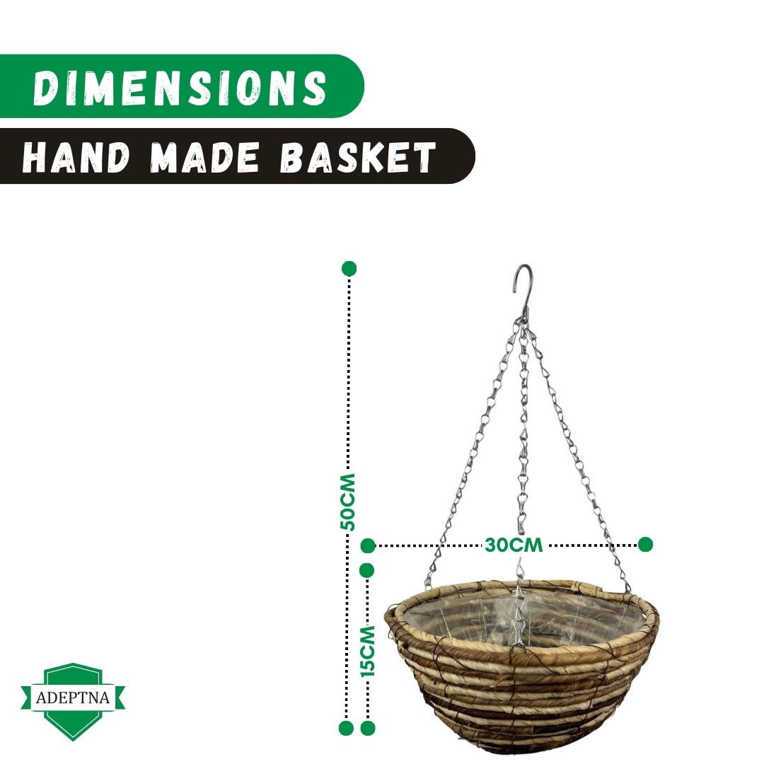 ADEPTNA Set of 2 Round Garden Hanging Baskets with Lined and Detachable Hanging Chain - Natural Basket Hanging Plants Flower Planter Pot (12’’ WICKER ROPE BASKETS)