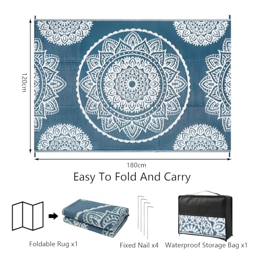 Famibay Outdoor Rug Waterproof Plastic Straw Garden Rugs Reversible Rug 120 x 180 cm Outdoor Patio Carpet UV Resistant Portable Mandala Area Rug for RV Balcony Picnic Blue