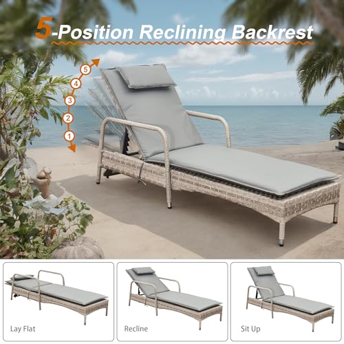 Aweather 3 Pieces Rattan Lounger Set Sun Lounger,PE Rattan Patio Lounge Chair Set,Outdoor Recliner Lounge Chairs with Adjustable 5-Position Recliner for Patio, Beach, Pool