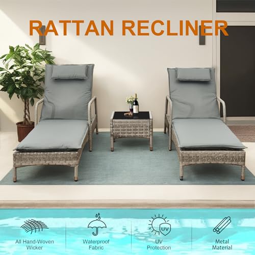 Aweather 3 Pieces Rattan Lounger Set Sun Lounger,PE Rattan Patio Lounge Chair Set,Outdoor Recliner Lounge Chairs with Adjustable 5-Position Recliner for Patio, Beach, Pool
