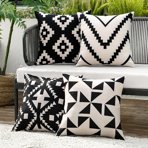 MIULEE 4 Pack Cushion Covers Outdoor Waterproof Throw Pillow Cover Home Pillow Case Pillowcases for Tent Park Bed Sofa Chair Bedroom Decorative Balcony 45x45cm 18x18inch Black