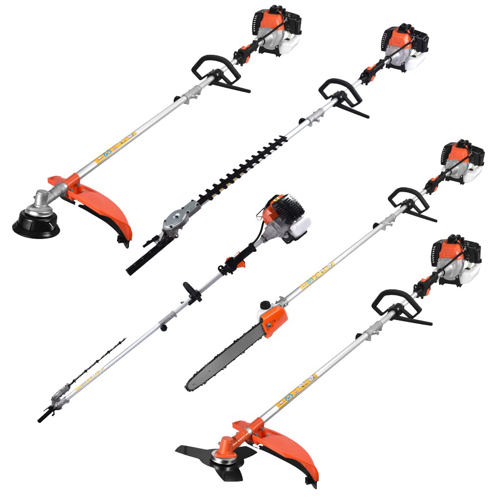 52cc 5 in 1 Petrol Multi Garden Tool 2 Stroke Long Reach Hedge Grass Trimmer with Strimmer, Pruner Chainsaw, Brush Cutter & Extension Pole