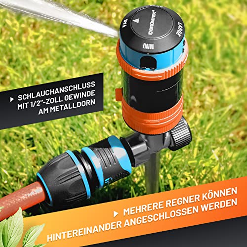 GRÜNTEK Circular Sprinkler on metal spike. Sector sprinkler lawn sprinkler settings 30 °- 360 ° for large surfaces and optimal garden irrigation. Covers up to 452 m².