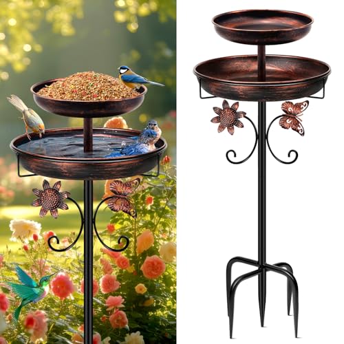 Metal Freestanding Bird Bath & Feeder – Antique Bronze