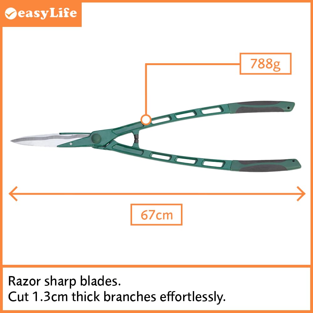 easylife lifestyle solutions Lightweight Garden Hedge Shears | Light Weight Garden Hand Tool | Blade Trimming Hedges Shrubs Trees | Extra Long Reach, Well Balanced | 67cm Extra-Long