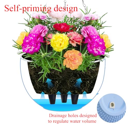 WOWEI 2 Pack Hanging Basket Outdoor Self Watering Hanging Plant Pot with Water Reservoir & Drain Hole Outdoor Hanging Baskets for Plants with Chains for Garden Flower Planter (Black, L)