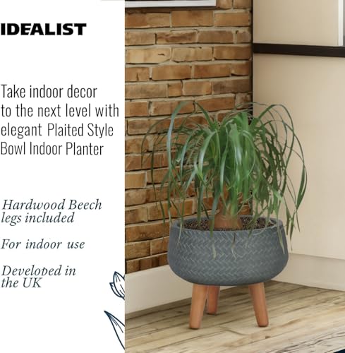 IDEALIST 11 Inch Plaited Sage Green Reinforced Stone Bowl Planter | Large Bonsai Pot on Legs | Indoor Plant Pot D28 H26 cm, 10 litres