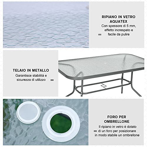 Outsunny Garden Dining Table Glass Top Metal Frame with Parasol Hole Outdoor Balcony Grey 140L x 80Wcm