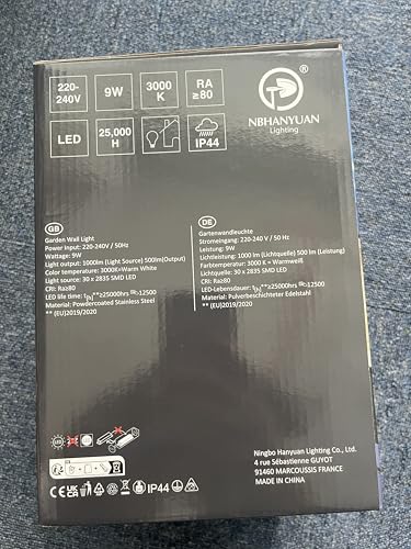 NBHANYUAN Lighting Outside Wall Light,SUS304 Stainless Steel Outdoor Light Garden Light Waterproof Outdoor Wall Lamp,3000K Warm White for Yard,Porch,Black,IP44 1000LM