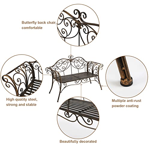 HLC Metal Antique Garden Benches Clearance Outdoor wrought iron Bench 2 Seat with Decorative Cast Iron Backrest Iron Cast Aluminium Bench for Garden,Patio, Porch and Yard Max 250kg (Brown)