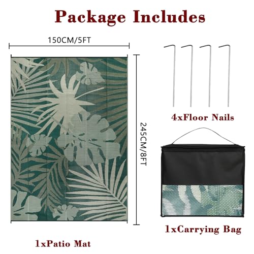 Homcomodar Outdoor Rugs 150x245cm Portable Camping Mat Reversible Mats Lightweight Plastic Straw Rug UV Resistant Patio Rug for Balcony Beach BBQ Deck(Green)