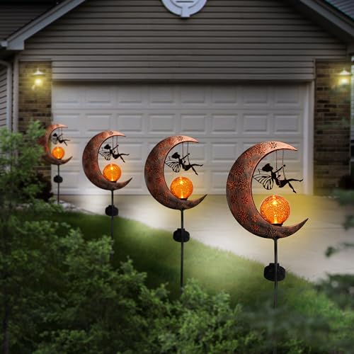 TERESA'S COLLECTIONS Fairy Garden Ornaments Outdoor, Large Fairy Swinging on the Moon Solar Lights for Garden Gifts, Solar Stake Lights with Crackle Glass Ball for Lawn Yard, Garden Path, 39inch