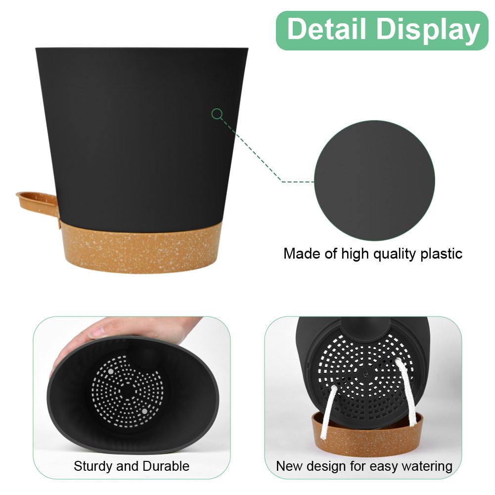 OFFCUP Plant Pots, 6pcs Plastic Plant Pots, 16.5cm Self Watering Plant Pots with Drainage Holes, Saucers and Reservoir, Suitable for Plants Indoor Modern Fashion Decorative Plastic Plant Pots (Black)
