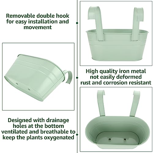 APACALI 4 PCS Metal Hanging Flower Pots, 27cm Over Fence Planters, Balcony Planters for Railing, Fence Hanging Planters with Detachable Hooks, Hanging Plant Pots Outdoor for Fence, Garden, Home, Green