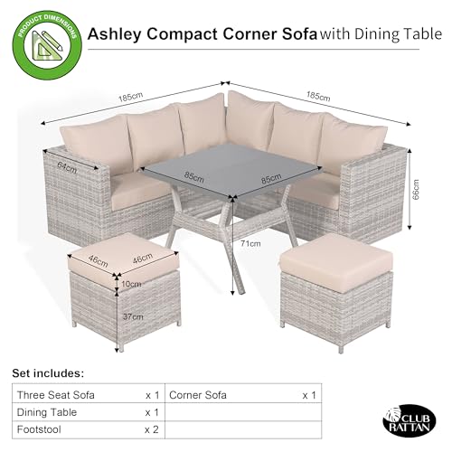 Club Rattan Garden Corner Sofa Sets with Dining Table and 2 Stools in Light Grey Rattan, 7 Seater Rattan sofa garden furniture