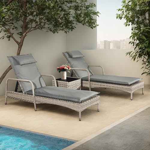 Aweather 3 Pieces Rattan Lounger Set Sun Lounger,PE Rattan Patio Lounge Chair Set,Outdoor Recliner Lounge Chairs with Adjustable 5-Position Recliner for Patio, Beach, Pool
