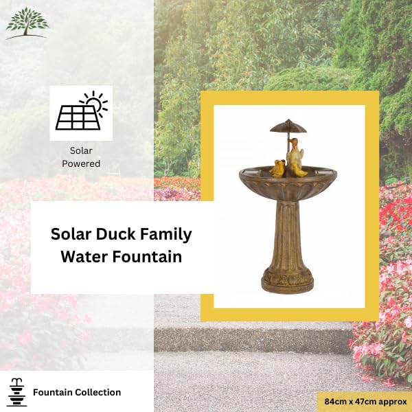 Garden Mile Novelty Duck Family Water Fountain with Umbrella - Solar Powered Freestanding Stone Bird Bath Water Feature - Garden Ornament Outdoor Decorative Centrepiece for Pond, Patio and Lawn Decor