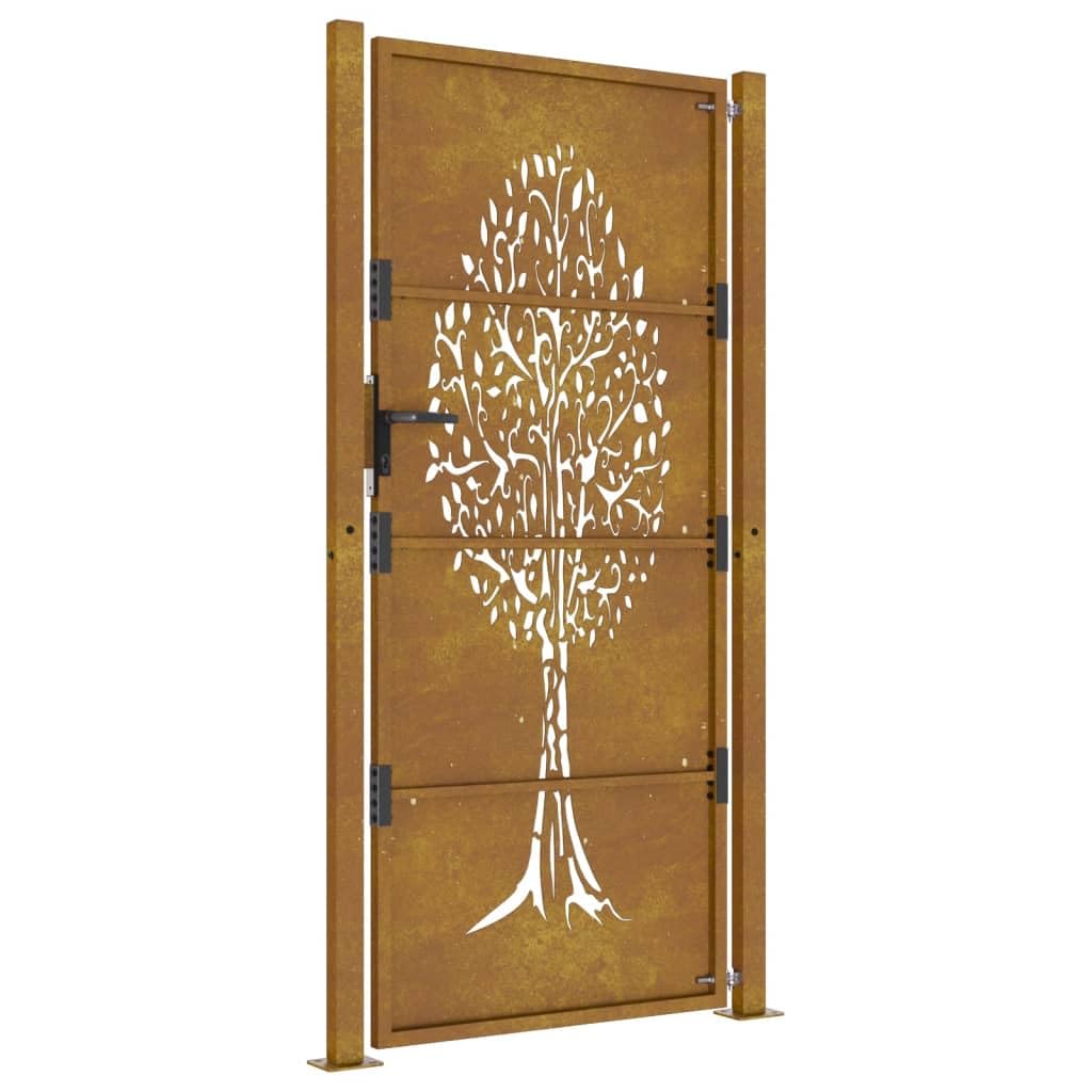 vidaXL Garden Gate with Laser-Cut Tree Design - 105x180 cm Rustic Brown, Corten Steel Construction, Lockable Door for Secure Entry, Heavy-Duty and Weather-Resistant