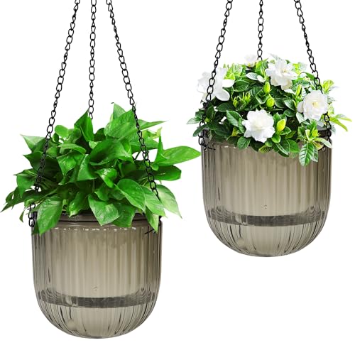 2 Pcs Self Watering Hanging Plant Pot, Plant Hanging Pots with Drainage Holes Outdoor Small Hanging Planters Flower Pot Basket with Visible Water Level for Garden Home Decor (Grey, 11.5cm)