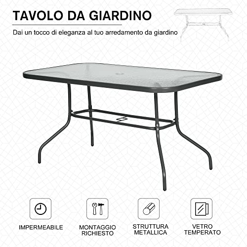 Outsunny Garden Dining Table Glass Top Metal Frame with Parasol Hole Outdoor Balcony Grey 140L x 80Wcm