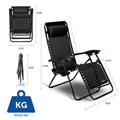 SUNMER Set of 2 Sun Lounger Garden Chairs With Cup And Phone Holder | Adjustable Headrest Pillow | Deck Folding Recliner Zero Gravity Outdoor Chair - Black