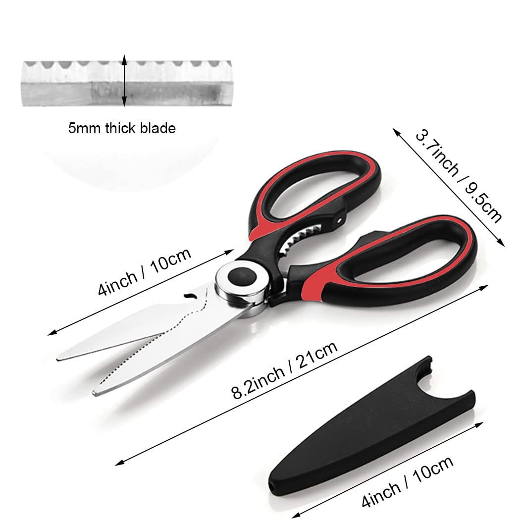 Heavy Duty Kitchen Scissors, Sharp Stainless Steel Scissors for Kitchen, Multipurpose Shears for Garden, Chicken, Poultry, Fish, Meat, Vegetables, Herbs, BBQ, Nuts (Red)