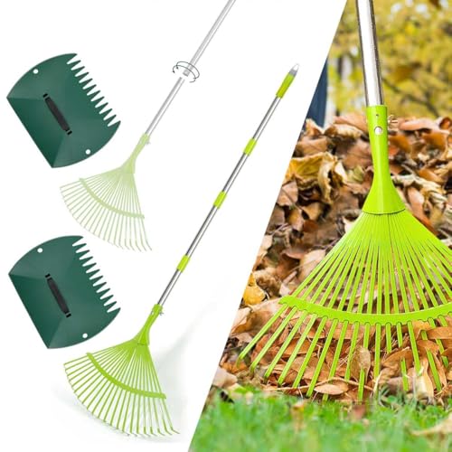 Hortem Garden Leaf Rake Set, Telescopic Rake Gardening, include 24-Teeth Aluminum Lawn Rake and Lightweight Garden Yard Leaf Scoops (Green)