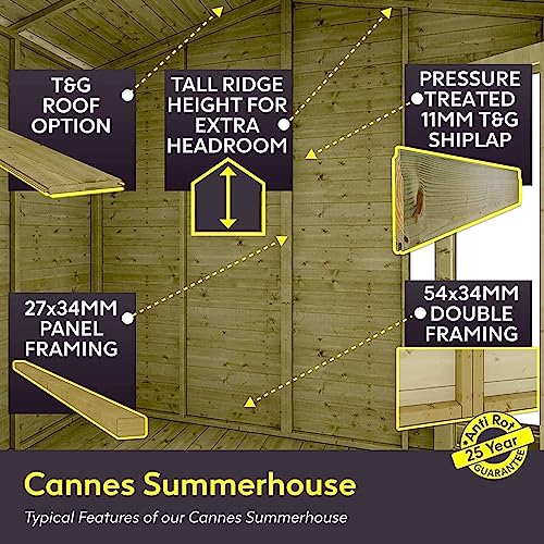 Project Timber 10 x 6 Cannes Wooden Summerhouse Garden Shed | French Door | Bi-Fold Double Door | Pressure Treated Tongue & Groove Cladding | Summer house French Door | Garden Summerhouse Shed