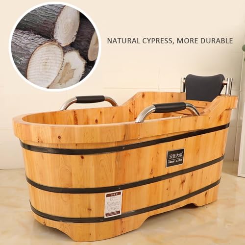 ZCBYBT Mobile Spa Deep Soaking Tub Japanese Style Solid Wood Soaking Tub Free Standing Wooden Bathtub with Armrest,140cm
