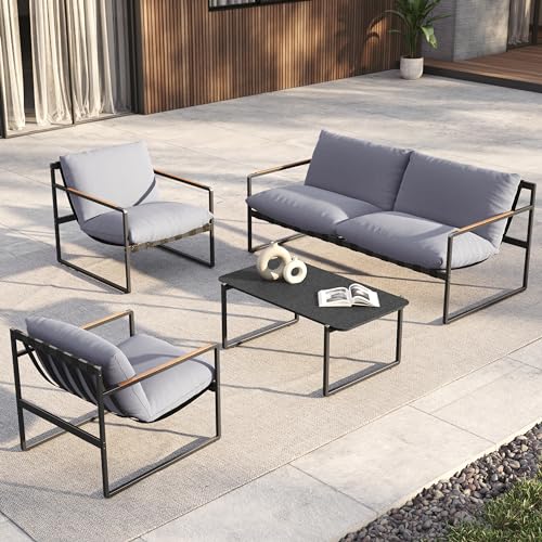 Grand patio Garden Furniture Set 4 Piece, Outdoor Patio Conversation Sofa Set with Cushion, Modern Metal Couch Loveseat Chairs and Coffee Table for Porch Balcony Backyard Living Room (Grey)