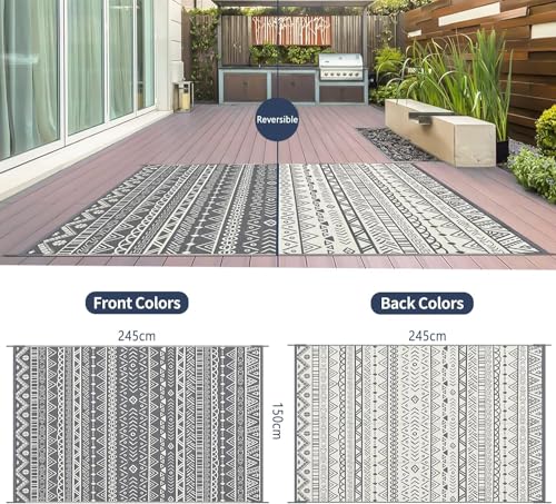 Grey Plastic Straw Patio Carpet for Garden, Deck, Picnic, Beach - 245x150cm Waterproof Outdoor Rug