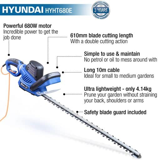 Hyundai 680w 610mm Corded Electric Hedge Trimmer Pruner, Rotatable Handle, 10m Power Cord, Handle Branches Up to 24mm in Diameter, 4.14kg, 3 Year Warranty