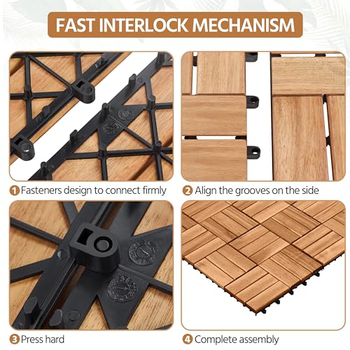 Yaheetech 1 Pack Acacia Wood Interlocking Patio Deck Tiles, Waterproof Solid Flooring Tiles for Indoor Outdoor, 31 cm W × 31 cm L Garden Deck for Patio Garden Poolside All Weather Use, Total 27pcs
