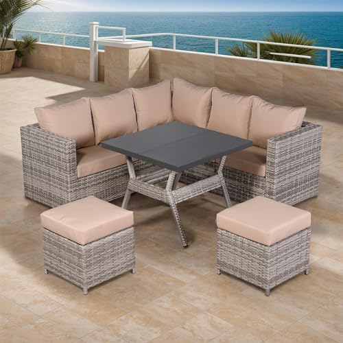 Club Rattan Garden Corner Sofa Sets with Dining Table and 2 Stools in Light Grey Rattan, 7 Seater Rattan sofa garden furniture