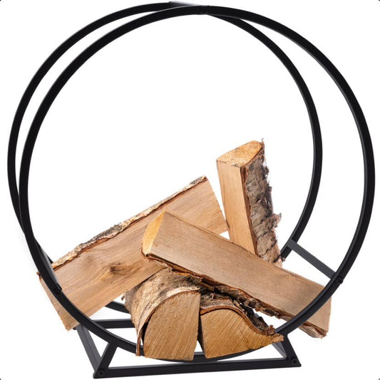idooka Round Log Store - Indoor & Outdoor Log Holder with Ventilation & Raised Stand - Black Metal Wood Store