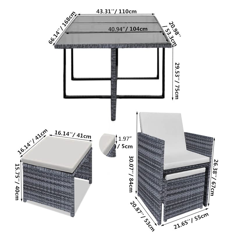 Panana Rattan Garden Furniture Set 10 Seater Dining Table and Padded Chairs Stool Outdoor Patio and Conservatory Mixed Grey