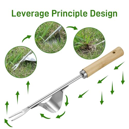 Zocipro Manual Weed Puller Tool, Hand Weed Remover Tool Garden Weed Puller with Wooden Handle, Stainless Steel Deep Root Weeder Tools Weed Picker Tool for Patio Lawn Garden Yard