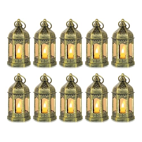 Romadedi Gold Candle Lantern Christmas - 10pcs Hanging Small Decorative LED Lantern Bulk for Halloween Table Decoration Wedding Decor Moroccan Ramadan
