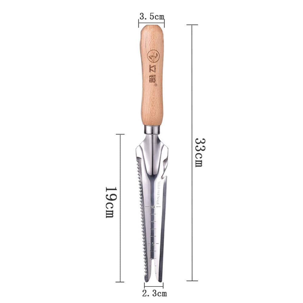 jiaguan Wooden handle Manual Weeder Tool Weed Puller Garden Weeder Shovel for Garden Digging Transplanting Weeding Grass, Stainless Steel Weeder with Measure weeding tools for garden