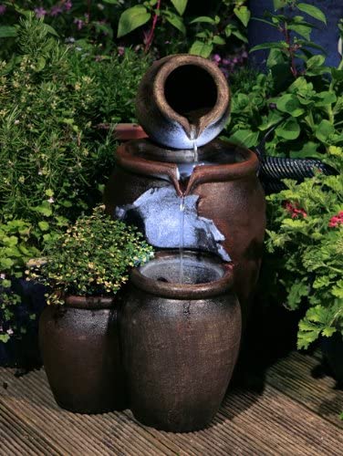 Primrose 50cm Earthenware Honey Pot 3 Tier Outdoor Water Feature with Planter & LED Lights