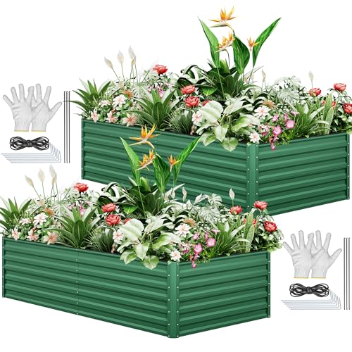 YITAHOME 2Pcs Outdoor Raised Garden Bed Kit 240x120x58cm, Raised Beds Thickened Zinc-Aluminum-Magnesium Metal Raised Beds for Garden with Support Rod & Gloves for Vegetables Flowers Fruits (Green)