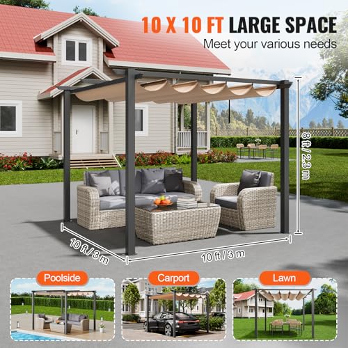 VEVOR 10'x10' Outdoor Retractable Pergola with Canopy, Aluminum Pergola with Retractable Canopy, Modern Style, Sun Shade for Patios, Gardens, Decks, Backyards (Beige)