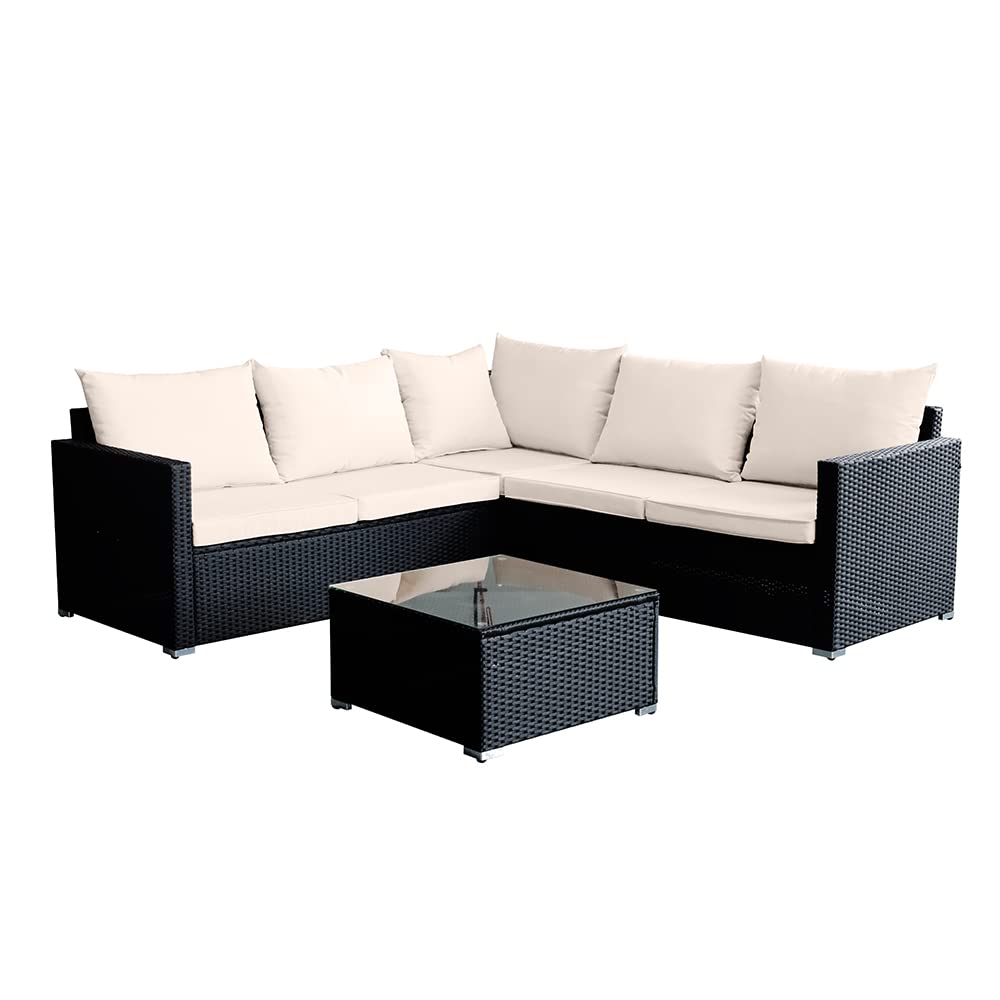 Panana Rattan Furniture Set 5 Seater Lounge Corner Sofa Set with Table Stool and Cover Garden Patio Conservatory Outdoor (Black Wicker with Beige Cushions)