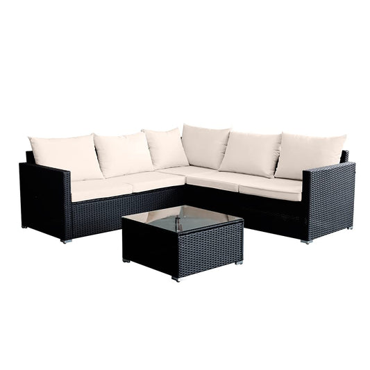 Panana Rattan Furniture Set 5 Seater Lounge Corner Sofa Set with Table Stool and Cover Garden Patio Conservatory Outdoor (Black Wicker with Beige Cushions)