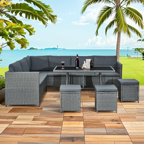Aweather 9 seater Rattan Corner Sofa Set Rattan Garden Furniture Set All-Weather Patio Conversation Set with Modern Dinning Table and Washable Cushions (Gray)