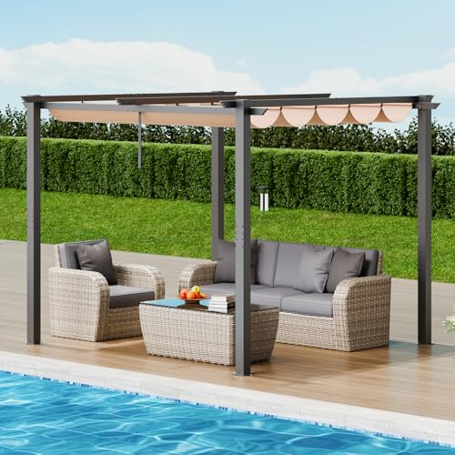 VEVOR 10'x10' Outdoor Retractable Pergola with Canopy, Aluminum Pergola with Retractable Canopy, Modern Style, Sun Shade for Patios, Gardens, Decks, Backyards (Beige)
